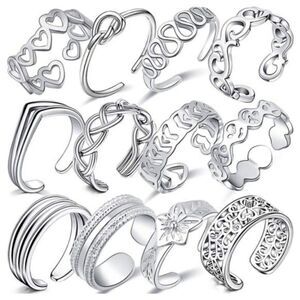 Silver Adjustable Boho Open Toe Rings - Set of 12